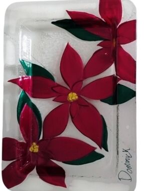 Glass Decorative Tray with Red and Green Poinsettia Design